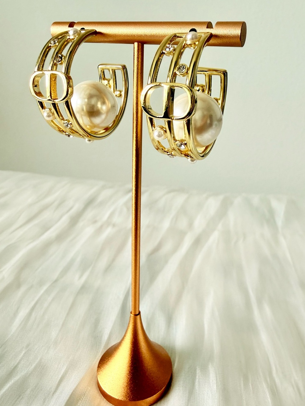 Dior Gold-Tone Hoops with Ivory Pearl and Crystal Accents